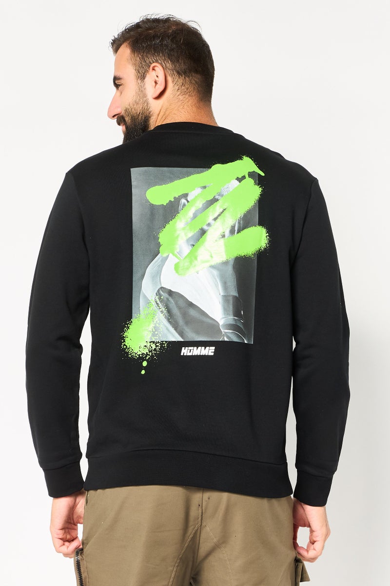 Selected Homme Men Crew Neck Long Sleeve Graphic Print Sweatshirt, Black - Image 3