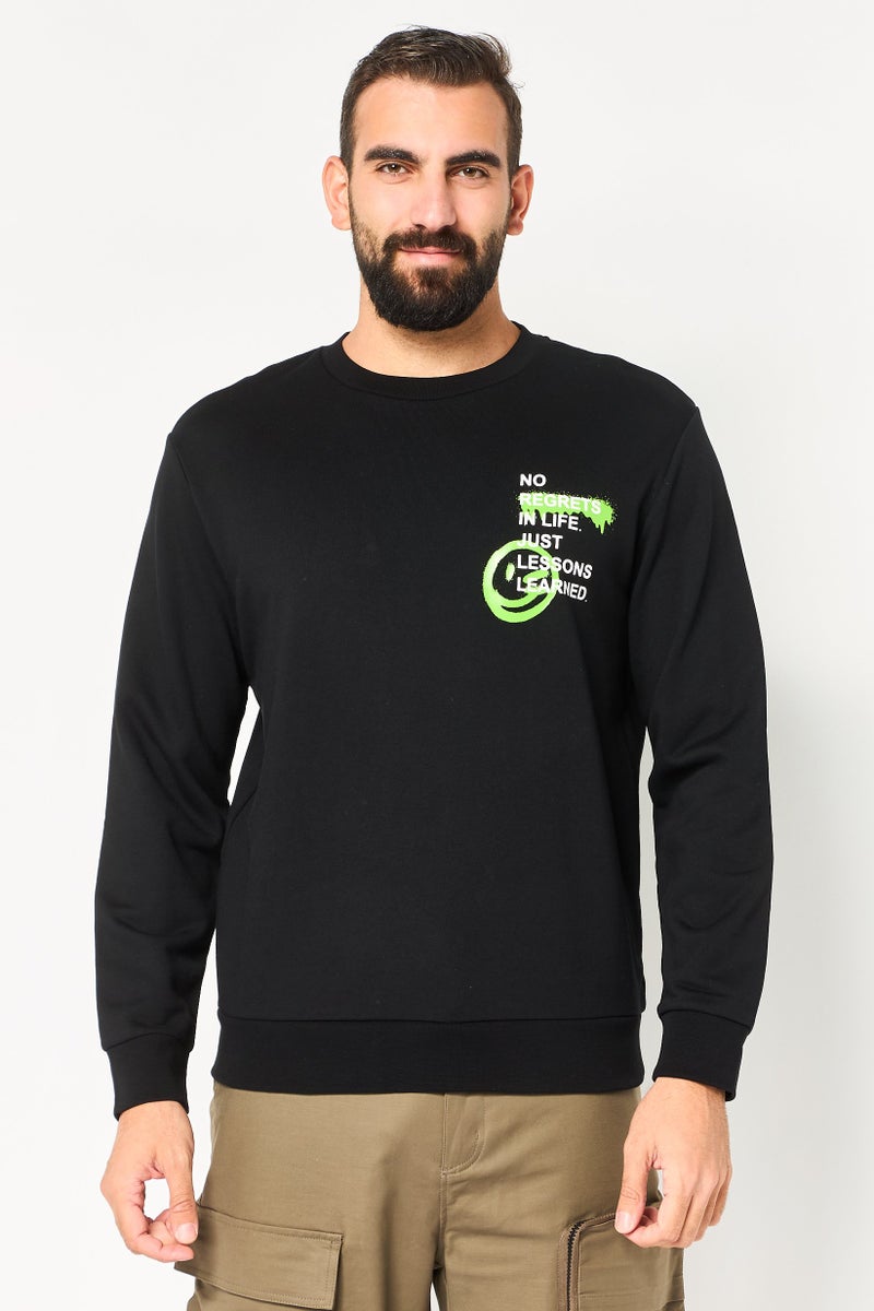 Selected Homme Men Crew Neck Long Sleeve Graphic Print Sweatshirt, Black - Image 1