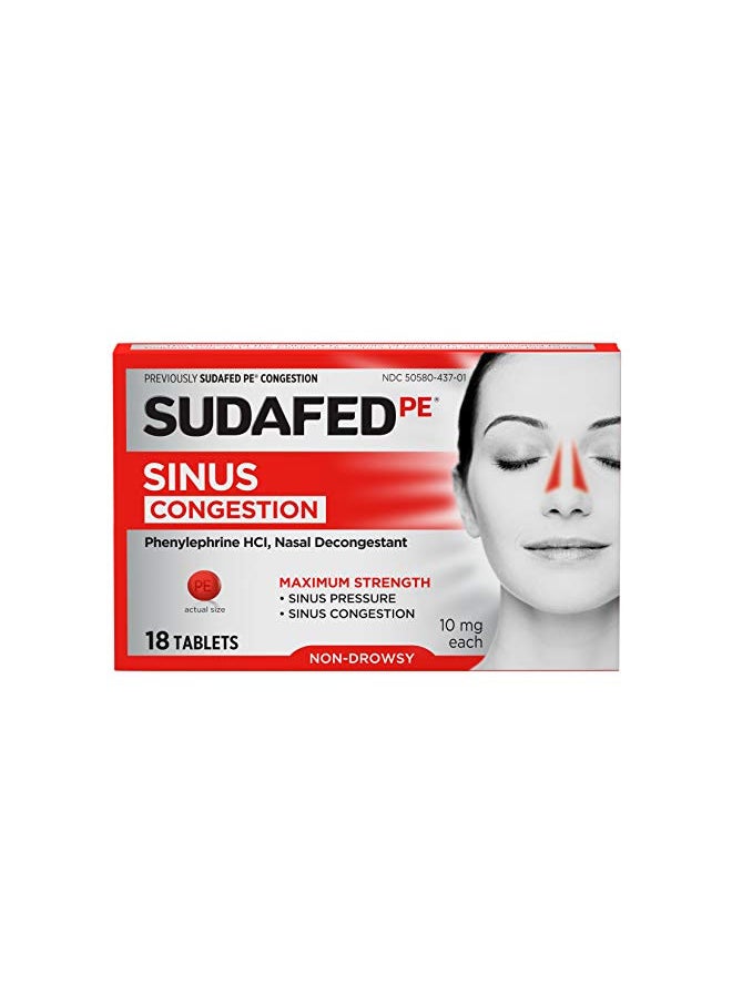 Sudafed Sudafed PE Sinus Congestion Maximum Strength Non-Drowsy Decongestant Tablets, 18 ct  - Image 1