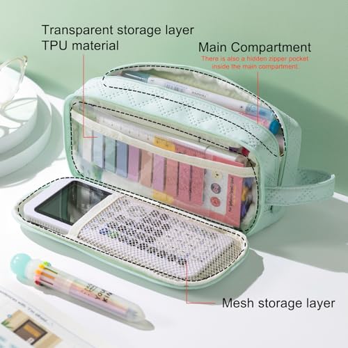 EASTHILL Large Capacity Pencil Case Cute Pencil Pouch with Handle Stationery Pen Bag for Teen Girls-Green - Image 2