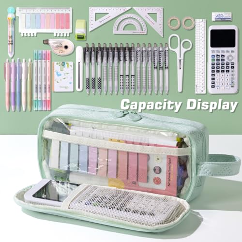 EASTHILL Large Capacity Pencil Case Cute Pencil Pouch with Handle Stationery Pen Bag for Teen Girls-Green - Image 4