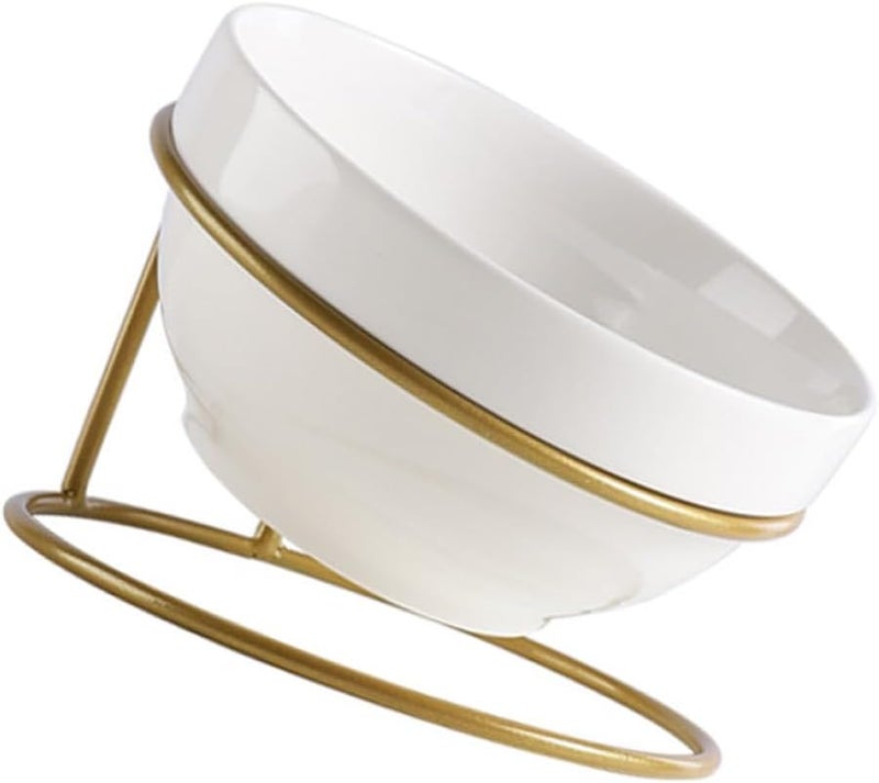 SHOWERORO Ceramic Pet Food Bowl with Iron Stand Raised Slant Feeding Dish for Cats Tilted Design Whisker-Friendly Elevated Cat Feeder Bowl for Indoor Use Random Style - Image 1