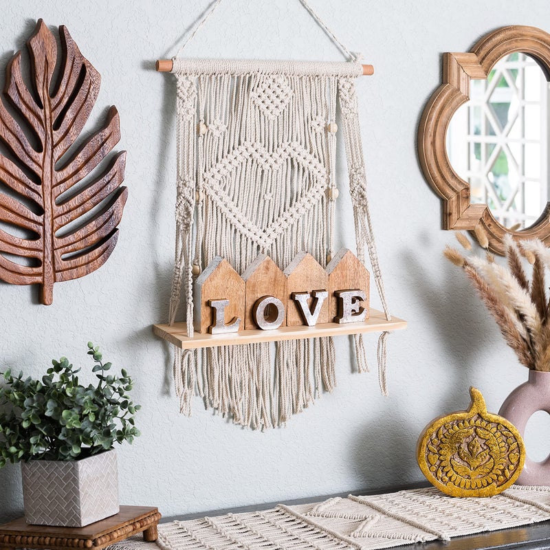 SnugLife Macrame Wall Hanging Shelf - Tier Wall Shelves with Handmade Woven Rope - Boho Shelves Organizer Hanger for Kitchen, Bathroom, Home Storage, Floating Indoor Plant Wall Shelf (1 Tier) - Image 3
