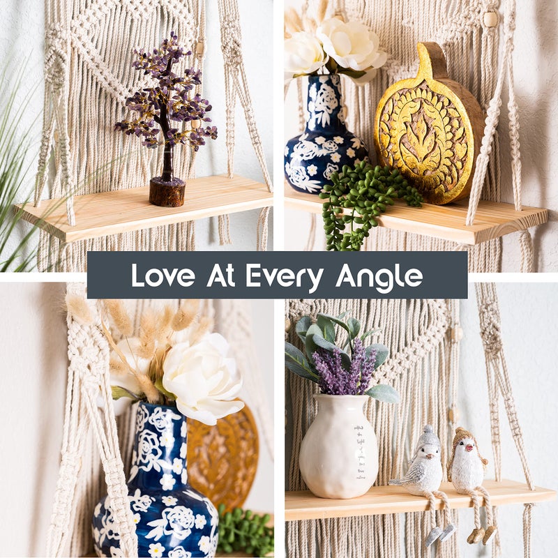 SnugLife Macrame Wall Hanging Shelf - Tier Wall Shelves with Handmade Woven Rope - Boho Shelves Organizer Hanger for Kitchen, Bathroom, Home Storage, Floating Indoor Plant Wall Shelf (1 Tier) - Image 4