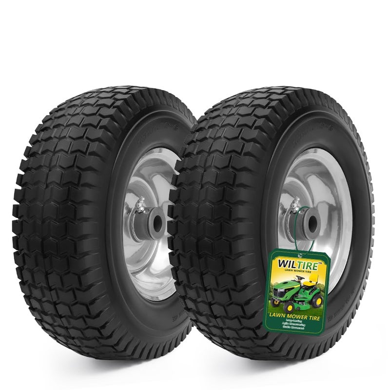 Wiltire 13x5.00-6 Flat Free Tire and Wheel Assemblies (2 Pack),13 x 5 x 6 Solid Rubber Tires and Wheel for Riding Lawn Mower - With 3/4" Bushings (Extra 5/8" Bushings) and 3" Centered Hub (Grey) - Image 1
