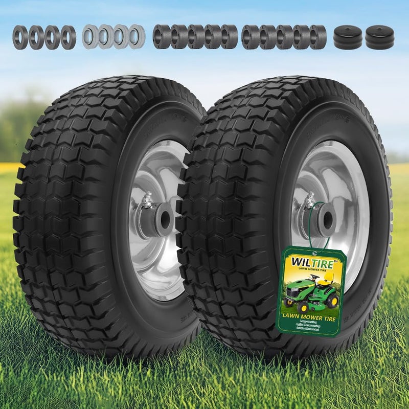 Wiltire 13x5.00-6 Flat Free Tire and Wheel Assemblies (2 Pack),13 x 5 x 6 Solid Rubber Tires and Wheel for Riding Lawn Mower - With 3/4" Bushings (Extra 5/8" Bushings) and 3" Centered Hub (Grey) - Image 2