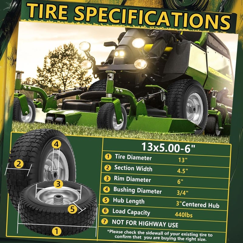 Wiltire 13x5.00-6 Flat Free Tire and Wheel Assemblies (2 Pack),13 x 5 x 6 Solid Rubber Tires and Wheel for Riding Lawn Mower - With 3/4" Bushings (Extra 5/8" Bushings) and 3" Centered Hub (Grey) - Image 3
