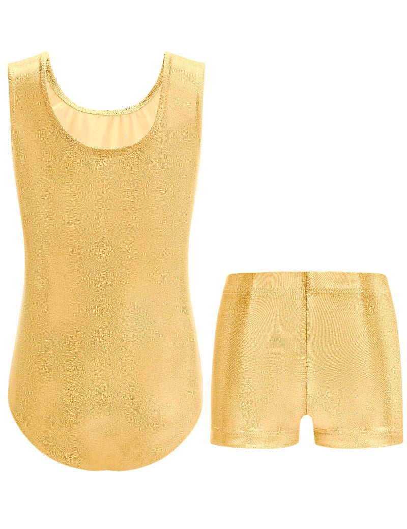 Nymphperi Girls Gymnastics Leotard 2 Piece Set Shiny Gold Sparkly Dance Athletic Biketard 83 Polyester 17 Spandex Tank Sleeveless With Breathable Shorts 4-5 6-7 8-9 10-12 Years Old - Image 2
