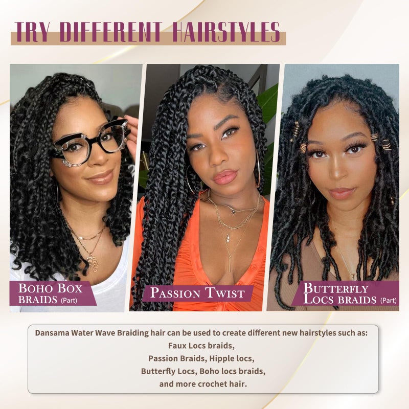 Dansama Passion Twist Hair Water Wave Crochet Hair for Black Women, Long Bohemian Braiding Hair for Boho Locs, Faux Locs, Butterfly Style Crochet Braids Hair Extensions (18inch, 1B, Economy Pack) - Image 5