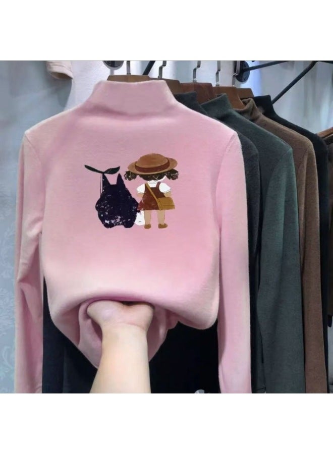 Girls' Half Turtleneck Long-sleeved T-shirt Autumn And Winter New Medium And Large Kidsren's Girls' Velvet Clothes Kidsren's Warm Bottoming Shirt - Image 1