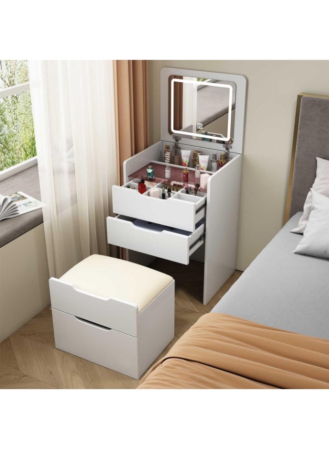 CityRiya-Long Bedroom Dresser, Makeup Vanity Table, Vanity Desk with LED Mirror and Stool, Dressing Table with Chair, Makeup Tables with Cabinet, White Bedroom Bedside Table for Women Girls, SZZ007 - Image 4