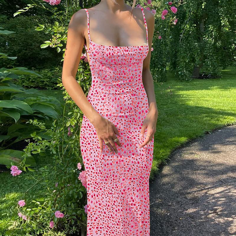 KMBANGI Women Cutout Backless Maxi Dress Sexy Sleeveless Floral Cocktail Dresses Bodycon Spaghetti Strap Long Dress Party(Pink,S) - Image 3