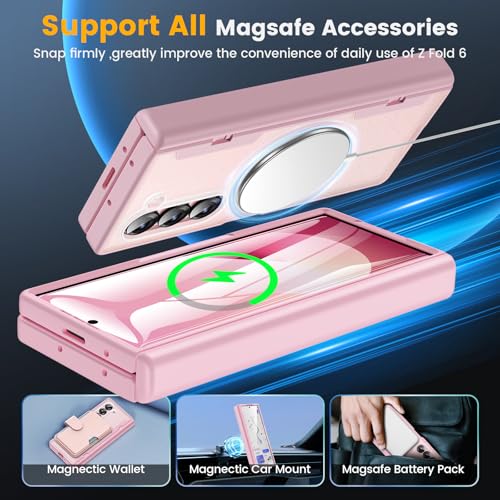 Caka for Samsung Galaxy Z Fold 6 Case [Compatible with Magsafe] [Hinge Protection] [Built-in HD Screen Protector] Translucent Hard Shockproof Magnet Phone Cover for Fold6 - Pink - Image 4