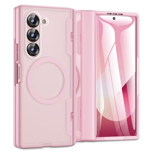 Caka for Samsung Galaxy Z Fold 6 Case [Compatible with Magsafe] [Hinge Protection] [Built-in HD Screen Protector] Translucent Hard Shockproof Magnet Phone Cover for Fold6 - Pink - Image 1