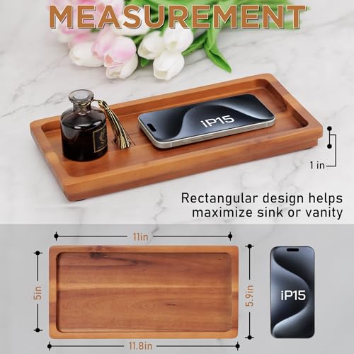 DEMIGO Bathroom Vanity Tray 11.8 x 5.9 inches of Natural Acacia Wood - Elegant Organizer for Cosmetics, Jewelry, Perfume, Candle, Key - Premium Wood Tray for Bathroom, Kitchen, Countertop, Toilet Tank, Sink - Image 2