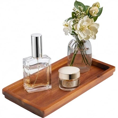 DEMIGO Bathroom Vanity Tray 11.8 x 5.9 inches of Natural Acacia Wood - Elegant Organizer for Cosmetics, Jewelry, Perfume, Candle, Key - Premium Wood Tray for Bathroom, Kitchen, Countertop, Toilet Tank, Sink - Image 1