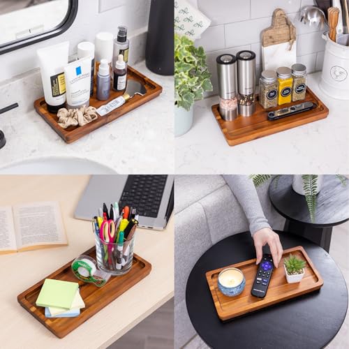 DEMIGO Bathroom Vanity Tray 11.8 x 5.9 inches of Natural Acacia Wood - Elegant Organizer for Cosmetics, Jewelry, Perfume, Candle, Key - Premium Wood Tray for Bathroom, Kitchen, Countertop, Toilet Tank, Sink - Image 4