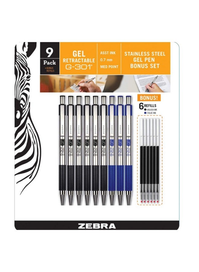 ZEBRA G-301 Gel Stainless Steel 9 Pack w/ 6 Refill Cartridges