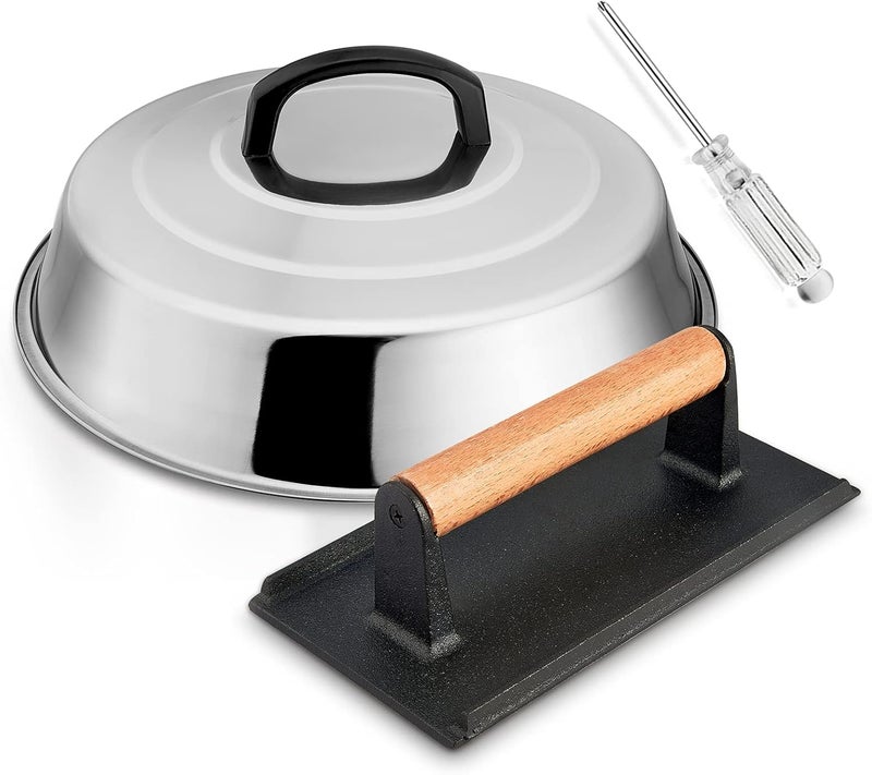HaSteeL 12In Cheese Melting Dome & 8x4In Cast Iron Grill Press, Stainless Steel Basting Cover with Heavy Duty Burger Bacon Press, Griddle Accessories for Teppanyaki Flat Top Stovetop Indoor & Outdoor - Image 1