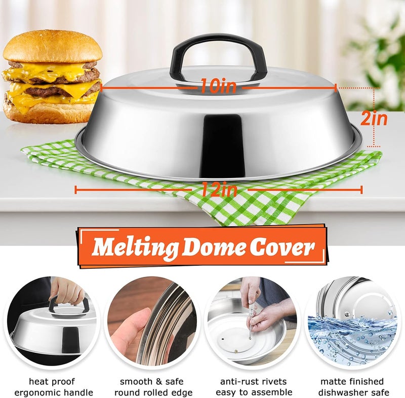 HaSteeL 12In Cheese Melting Dome & 8x4In Cast Iron Grill Press, Stainless Steel Basting Cover with Heavy Duty Burger Bacon Press, Griddle Accessories for Teppanyaki Flat Top Stovetop Indoor & Outdoor - Image 2