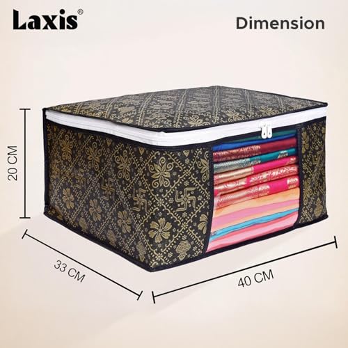 LAXIS® Foldable Royal Print Saree Cover Set, Saree Bags, Saree Covers For Storage, Wardrobe Organiser | (Golden-Black, Pack of 6) - Image 2