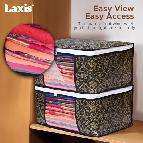 LAXIS® Foldable Royal Print Saree Cover Set, Saree Bags, Saree Covers For Storage, Wardrobe Organiser | (Golden-Black, Pack of 6) - Image 4