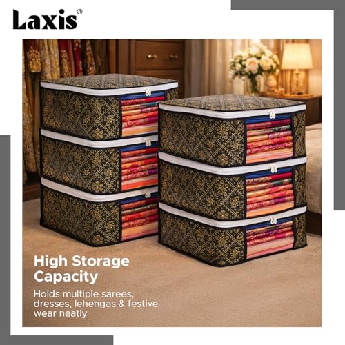 LAXIS® Foldable Royal Print Saree Cover Set, Saree Bags, Saree Covers For Storage, Wardrobe Organiser | (Golden-Black, Pack of 6) - Image 5