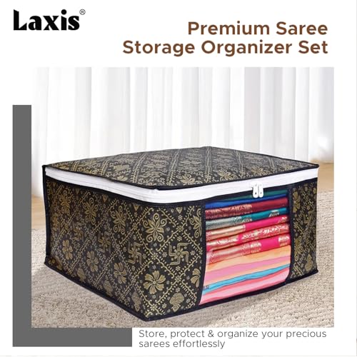 LAXIS® Foldable Royal Print Saree Cover Set, Saree Bags, Saree Covers For Storage, Wardrobe Organiser | (Golden-Black, Pack of 6) - Image 3