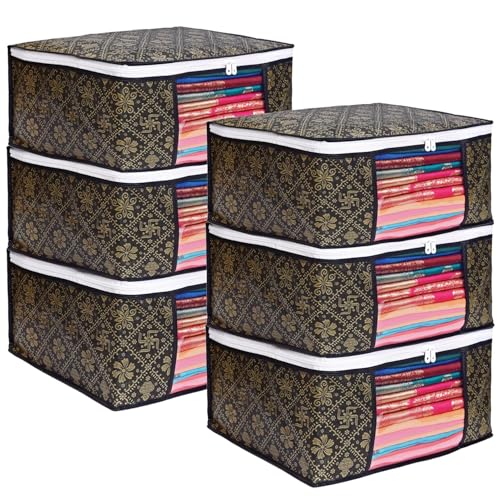 LAXIS® Foldable Royal Print Saree Cover Set, Saree Bags, Saree Covers For Storage, Wardrobe Organiser | (Golden-Black, Pack of 6) - Image 1