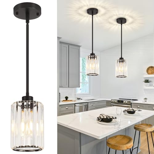 ZSMIHDOH 2 Pack Black Pendant Lights Kitchen Island, Modern Crystal Kitchen Pendant Lighting Over Island Dining Room Light Fixtures Adjustable Hanging Pendant Light for Bathroom Hallway Entryway Foyer Bedroom - Image 1
