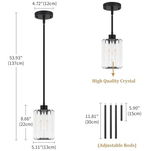 ZSMIHDOH 2 Pack Black Pendant Lights Kitchen Island, Modern Crystal Kitchen Pendant Lighting Over Island Dining Room Light Fixtures Adjustable Hanging Pendant Light for Bathroom Hallway Entryway Foyer Bedroom - Image 5