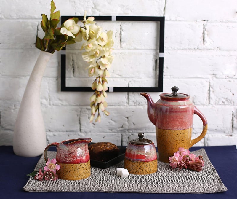 Caffeine Ceramic Handmade Pink Mustard Studio Tea Kettle Set of 3 - Image 1