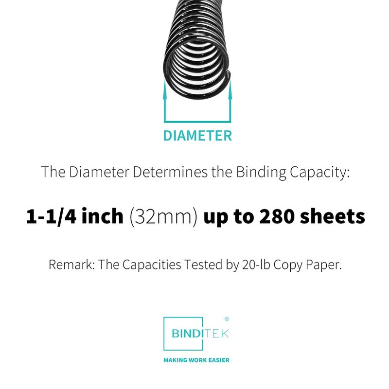 Binditek 50 Pack Plastic Spiral Binding Coils, 32mm (1-1/4"), 280 Sheet Capacity, 4:1 Pitch, Black, 48 Loops, for Letter Size, for Students and Coworkers - Image 2