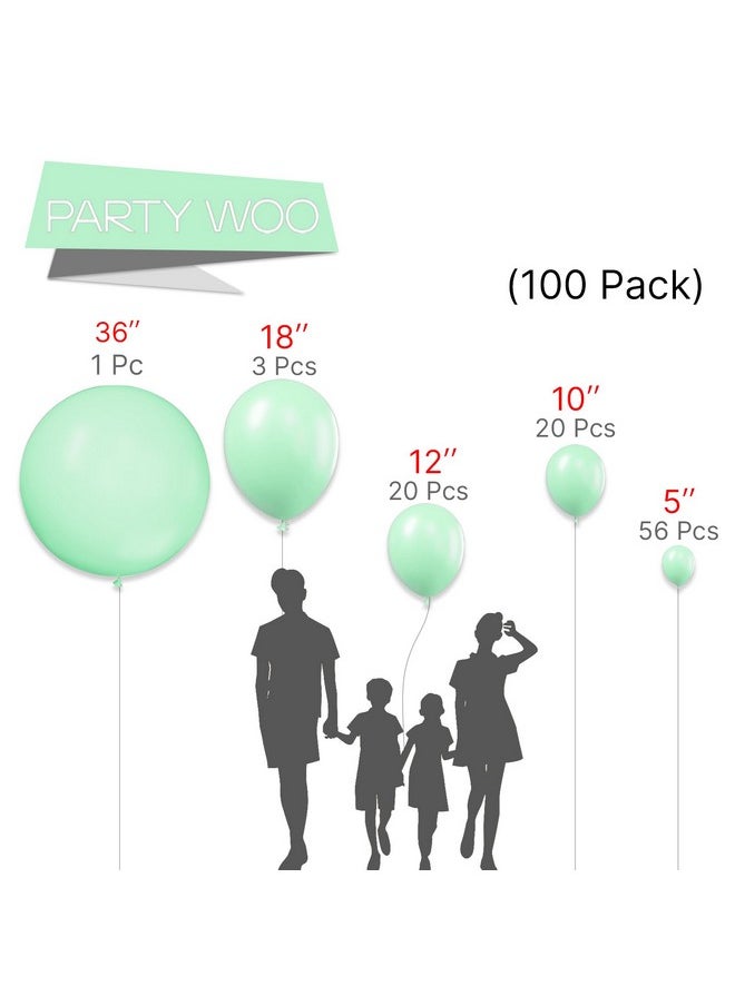 PartyWoo Mint Green Balloons, 100 Pcs Mint Balloons Different Sizes Pack Of 36 Inch 18 Inch 12 Inch 10 Inch 5 Inch Mint Balloons For Balloon Garland Or Balloon Arch As Party Decorations, Green-Q06  - Image 2