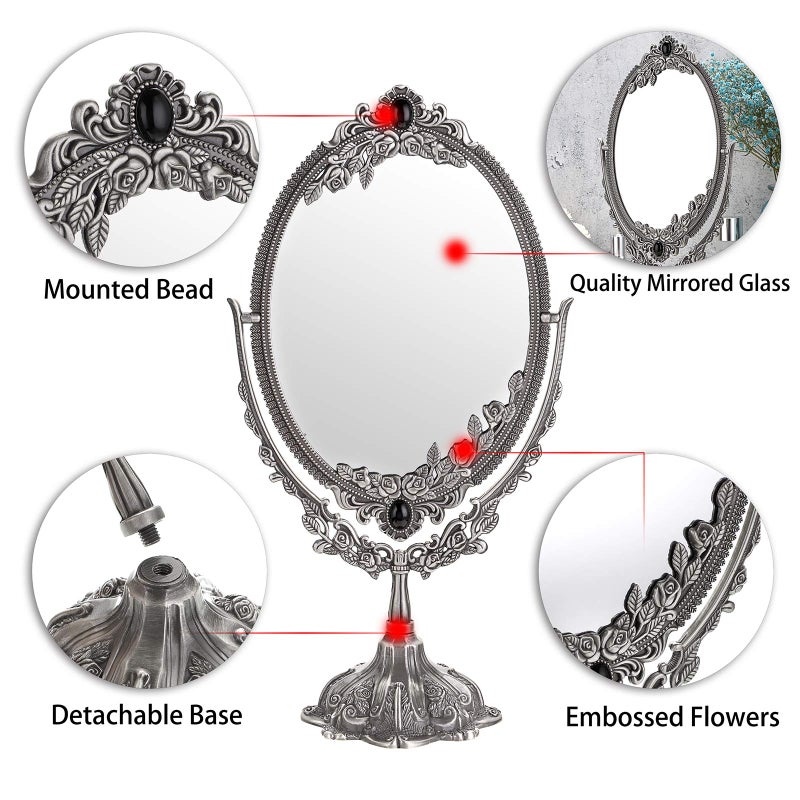 Juxyes Metal Tabletop Antique Decorative Makeup Mirror With Stand  Vintage Swivel Double Sided Cosmetic Mirror With Frame  Retro Desktop Oval Dressing Mirror For Bathroom Bedroom - Image 4