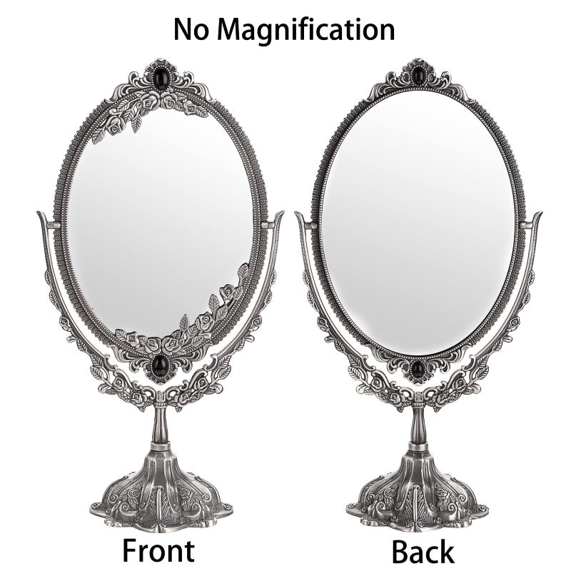Juxyes Metal Tabletop Antique Decorative Makeup Mirror With Stand  Vintage Swivel Double Sided Cosmetic Mirror With Frame  Retro Desktop Oval Dressing Mirror For Bathroom Bedroom - Image 3