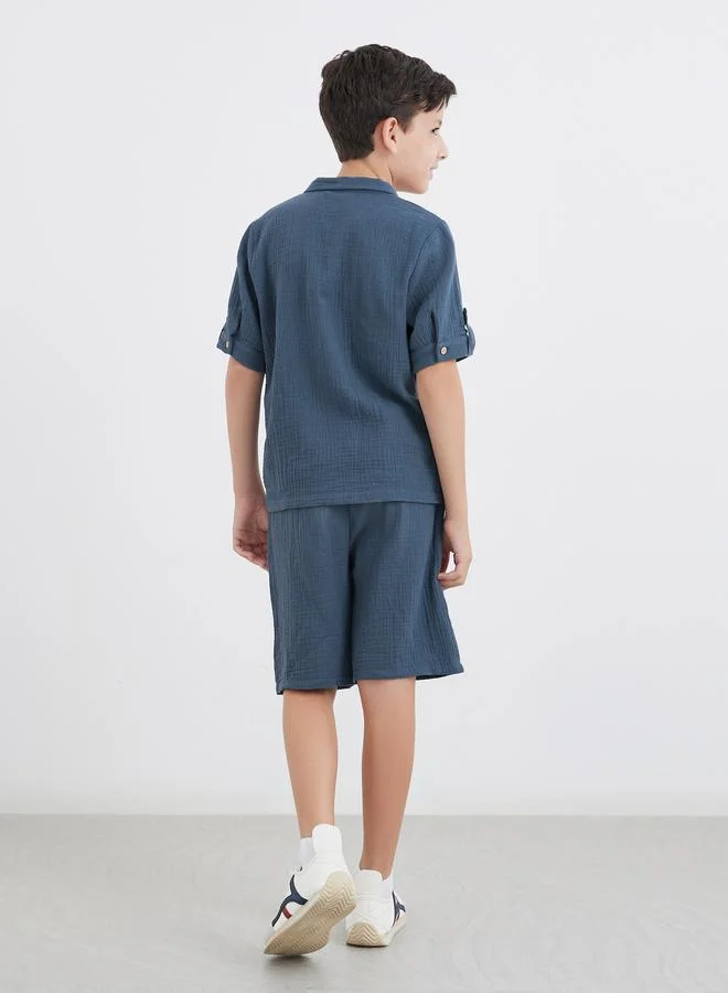 Styli Styli Double Gauze Plain Shirt and Shorts Set