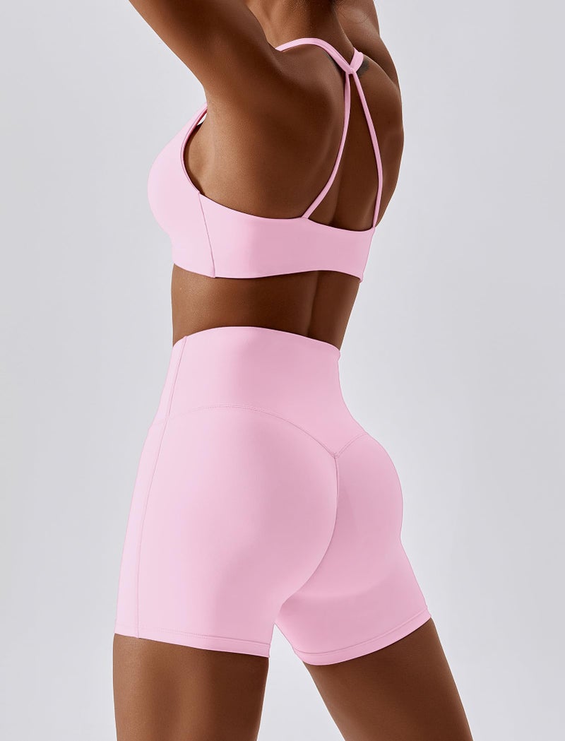 ABOCIW Workout Sets for Women Twist Front Sports Bra High Waist Scrunch Butt Biker Shorts 2 Piece Gym Sets Light Pink Small - Image 1