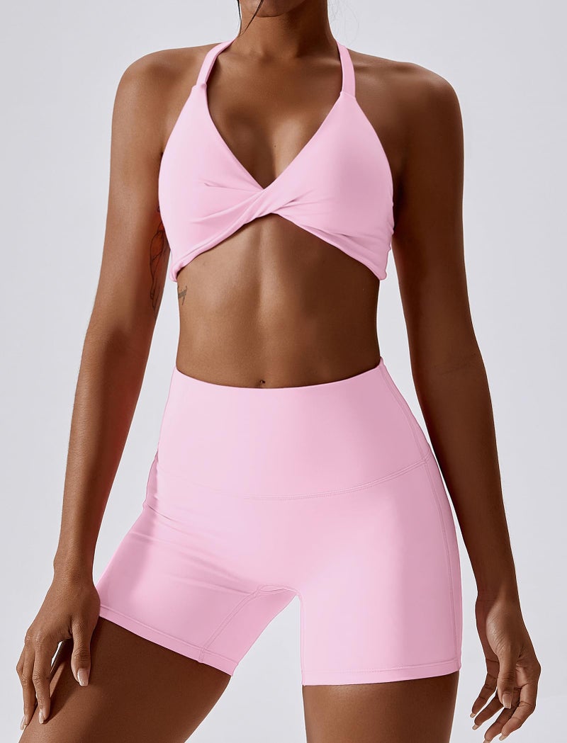 ABOCIW Workout Sets for Women Twist Front Sports Bra High Waist Scrunch Butt Biker Shorts 2 Piece Gym Sets Light Pink Small - Image 2