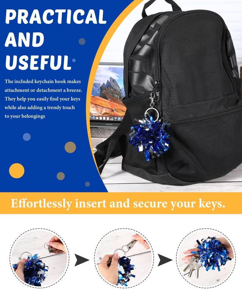 Remuuly 20 Pcs Cheer Pom Pom Keychain Cheerleader Gifts Cheerleading Keyring Charm Foil with Keychain Hooks for Women Accessories (Blue Silver) - Image 4