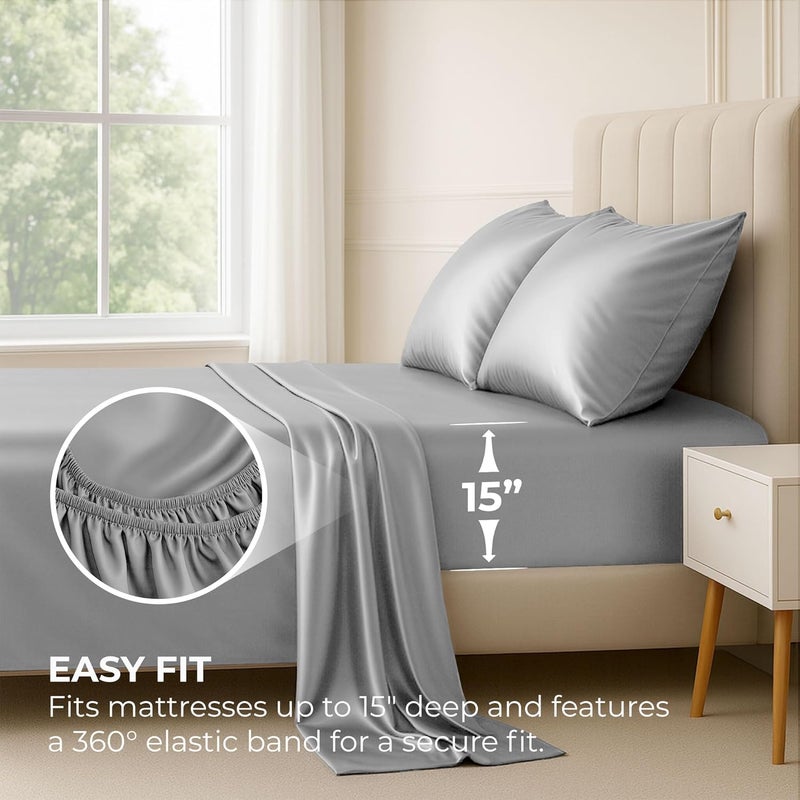 Pure Bedding Satin Sheets Queen [4-Piece, Grey] Hotel Luxury Silky Bed Sheets - Extra Soft 1800 Microfiber Sheet Set, Wrinkle, Fade, Stain Resistant - Deep Pocket Fitted Sheet, Flat Sheet, Pillow Cases - Image 3