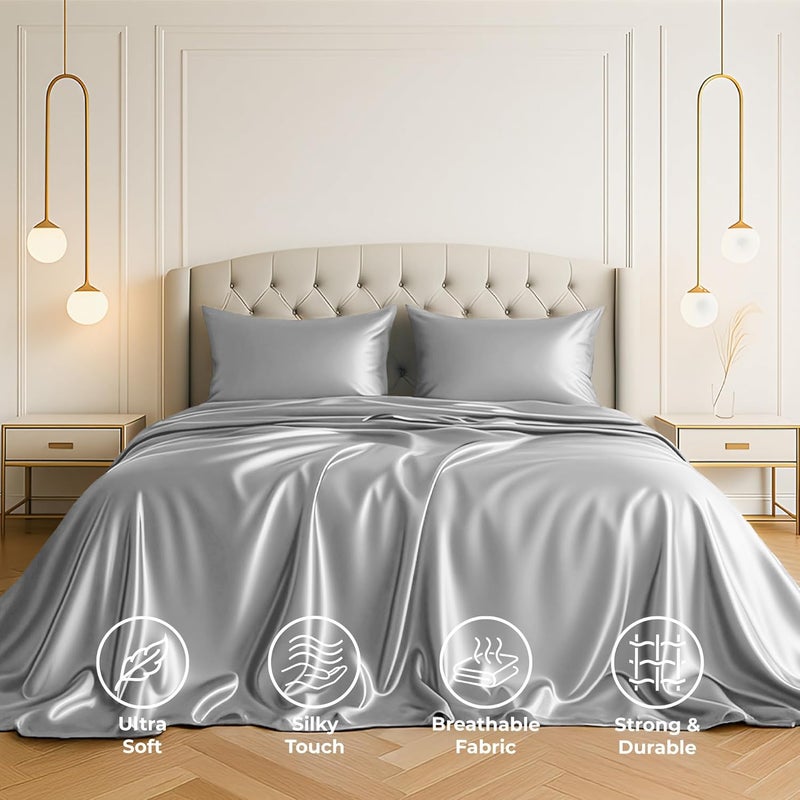 Pure Bedding Satin Sheets Queen [4-Piece, Grey] Hotel Luxury Silky Bed Sheets - Extra Soft 1800 Microfiber Sheet Set, Wrinkle, Fade, Stain Resistant - Deep Pocket Fitted Sheet, Flat Sheet, Pillow Cases - Image 2