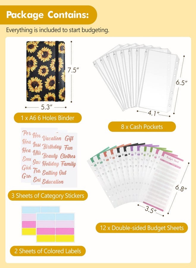 Zreal A6 Budget Binder for Money Saving, PU Leather Budget Planner with 8 Cash Envelopes, Budget Sheets & Rose Gold Category Stickers, Money Organizer for Cash (Black Sunflower) - Image 2