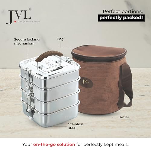 JVL Stainless Steel Square Tiffin Box with Inner Plate and Handle - 4-Compartment Lunch Box, Ideal for School and Office Use, Easy-to-Clean Food Storage Container (Big, Silver) - Image 3