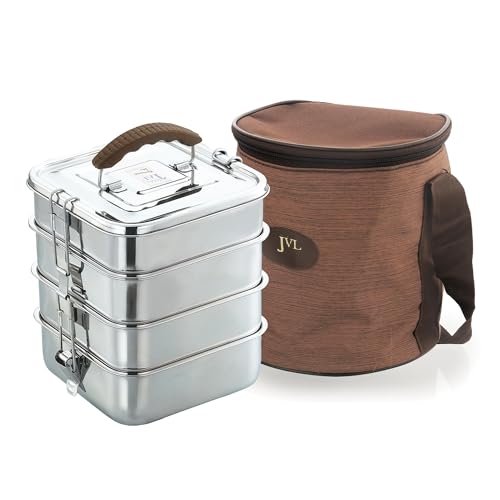 JVL Stainless Steel Square Tiffin Box with Inner Plate and Handle - 4-Compartment Lunch Box, Ideal for School and Office Use, Easy-to-Clean Food Storage Container (Big, Silver) - Image 1