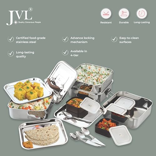 JVL Stainless Steel Square Tiffin Box with Inner Plate and Handle - 4-Compartment Lunch Box, Ideal for School and Office Use, Easy-to-Clean Food Storage Container (Big, Silver) - Image 4