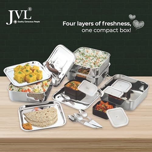 JVL Stainless Steel Square Tiffin Box with Inner Plate and Handle - 4-Compartment Lunch Box, Ideal for School and Office Use, Easy-to-Clean Food Storage Container (Big, Silver) - Image 2