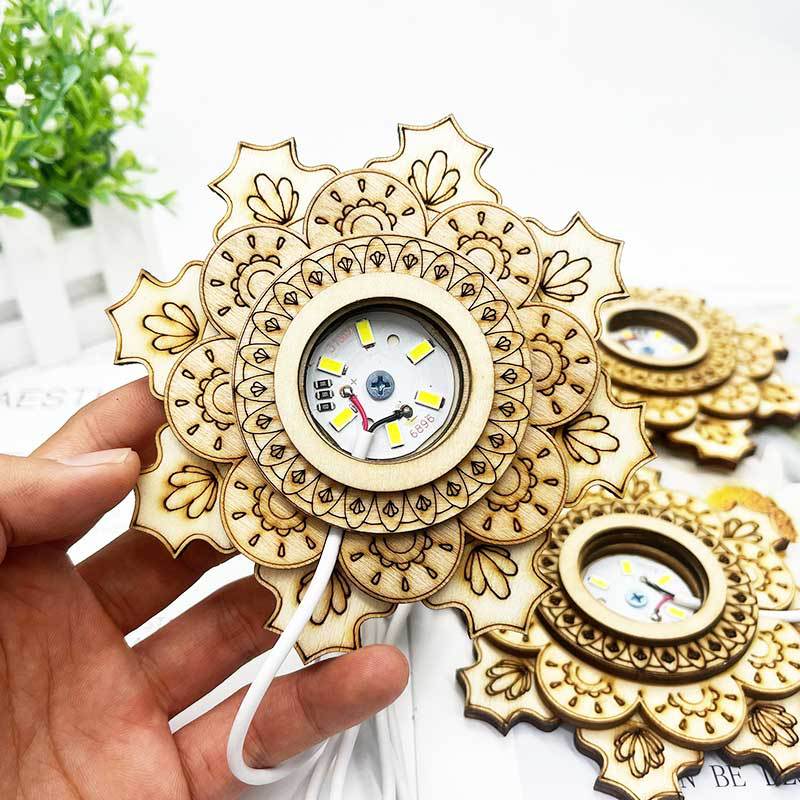 Wooden Seven-Star Array Lamp Holder Three-Layer Lotus Led Night Light Crystal Ball Ball Holder Root Carving Round Lamp Holder Cold And Warm Colored Light - Image 4