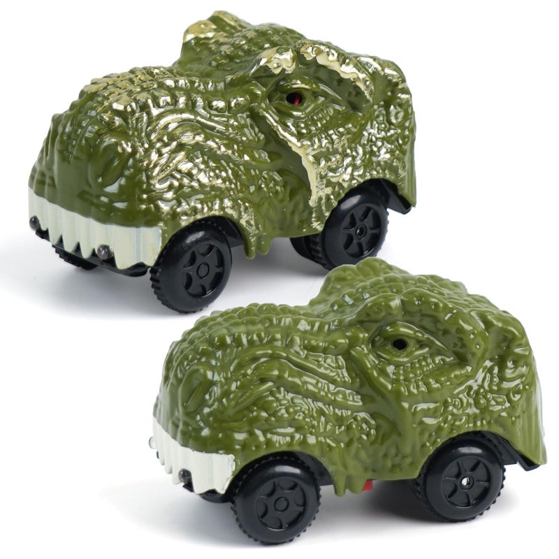 BEMITON Pack of 2 Dinosaur Car Toy - Birthday Gifts for 3 4 5 6 7 Year Old Boys Kids, Replacement Track Car with LED Light Up - Dino Accessories Compatible with Race Track Building Kits - Image 1