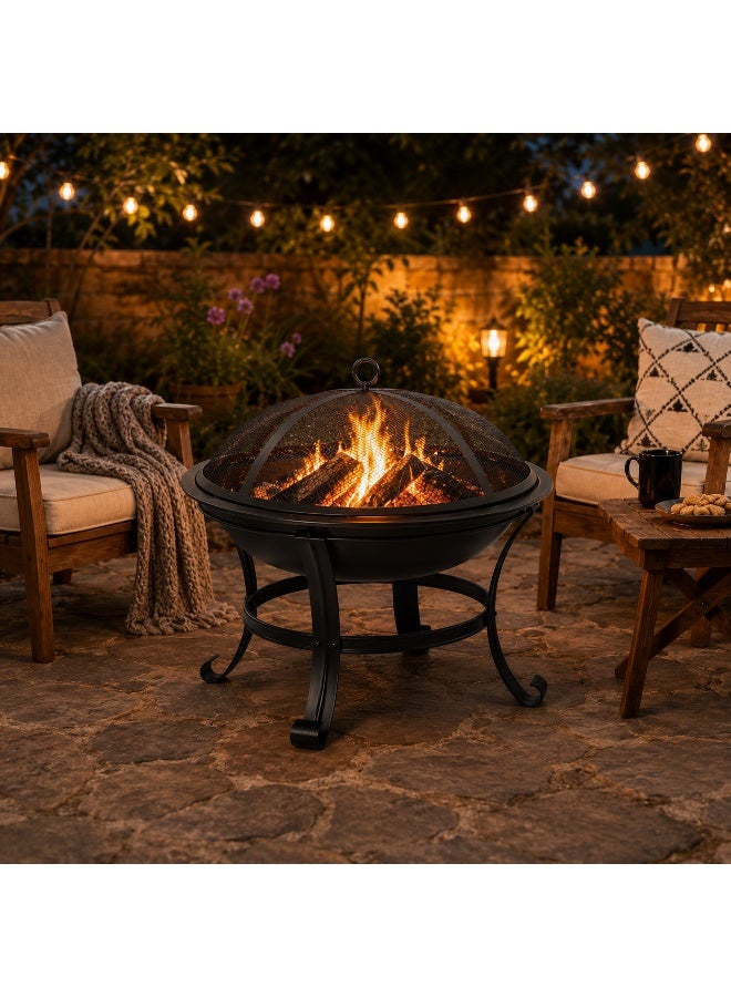 Outdoor Wood Burning Fire Pit with Spark Screen – Heavy Duty Steel Fire Bowl for Backyard, Patio, Camping & Garden Heating